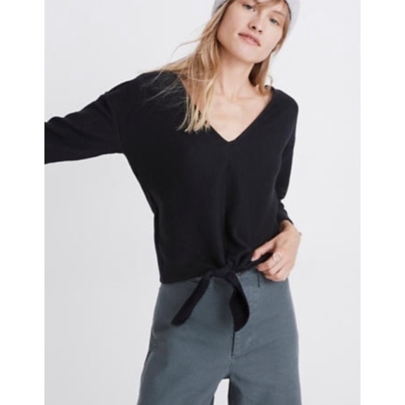 Madewell Black Texture & Thread Long-Sleeve Tie-Front Top - Picture 1 of 10